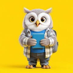 Obraz premium Owl Student Holding Book on Yellow Background
