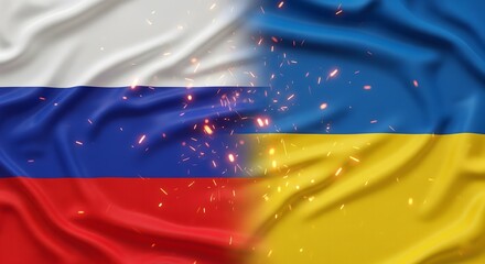 Russia and Ukraine flags stretched and waving with vertical split, soft glowing fire sparks floating between them and gentle fabric motion