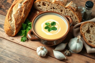 Hands garnishing a soup bowl with cream swirl and parsley, table