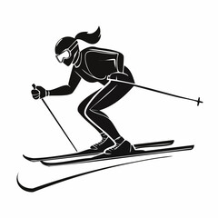 One skier racing downhill black silhouette vector with white background