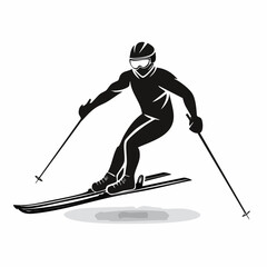 One skier racing downhill black silhouette vector with white background