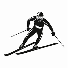One skier racing downhill black silhouette vector with white background