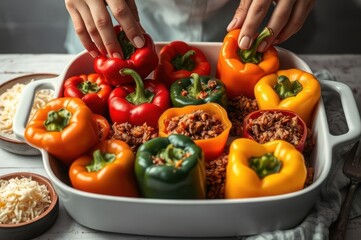 Cook placing stuffed bell peppers into a baking dish, surrounded
