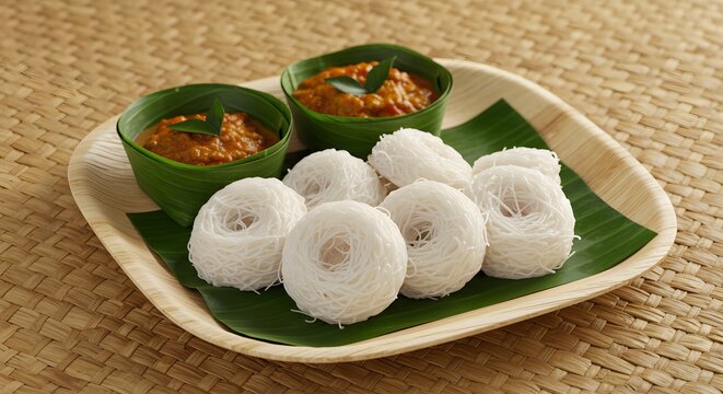 Delicious idiyappam string hoppers served with curry a south indian breakfast food photography style shot