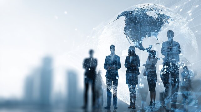 Diverse team with global digital network concept, success, international business, technology, teamwork, and futuristic connections for innovation with blurred city background.