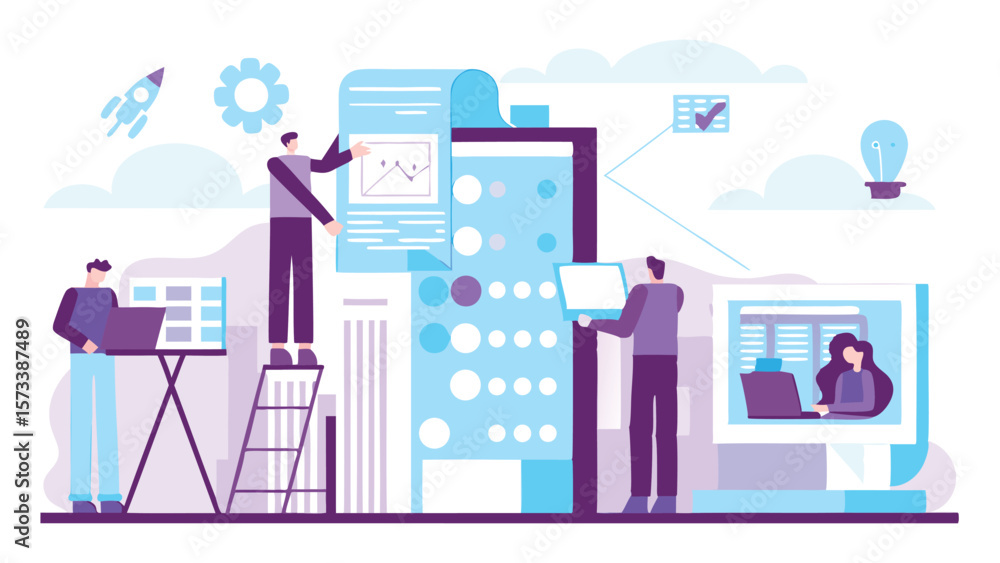 Poster illustration of a team working on a project with laptops and large screens in a collaborative space
