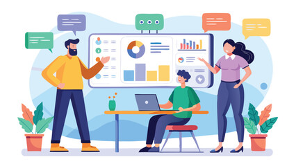 Team collaboration meeting with data visualization and discussion in a modern office setting scene