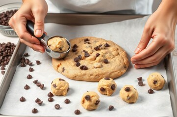 A cozy kitchen table with hands placing cookies on a tray, choco