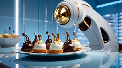 A futuristic kitchen scene features a robot presenting an array of elegant desserts, blending technology and culinary artistry in a modern setting