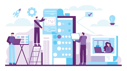 Illustration of a team working on a project with laptops and large screens in a collaborative space