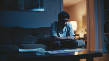 Young man sitting on sofa in dimly lit room, lost in thoughts, portraying signs of depression and isolation