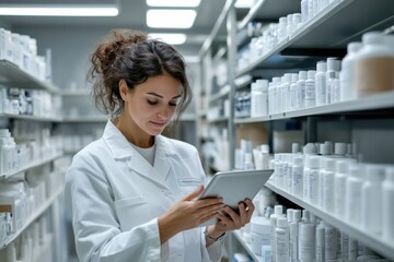 Pharmacist using digital tablet checking inventory in pharmacy drugstore
