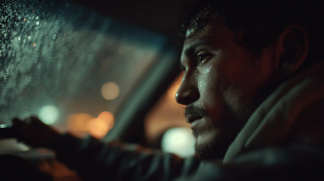 Close-up of a pensive man driving at night in the rain, symbolizing a life crisis and emotional struggle