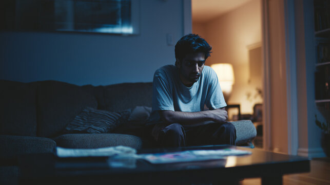 Young man sitting on sofa in dimly lit room, lost in thoughts, portraying signs of depression and isolation - Powered by Adobe