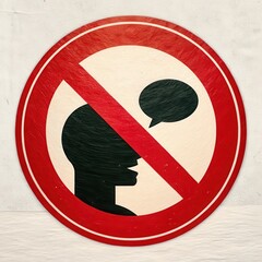 Illustration of a red circle sign prohibits speaking, featuring a crossedout speech bubble and head