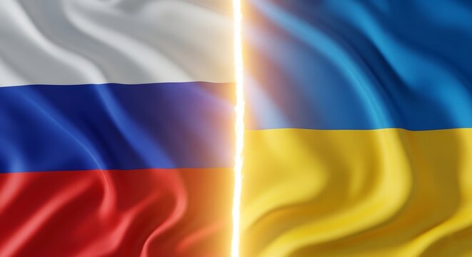 Russia and Ukraine full waving flags separated by thin burned black edge with light smoke and glowing red underneath symbolizing scorched separation