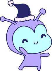 hand drawn christmas cartoon of kawaii alien in bright neon color
