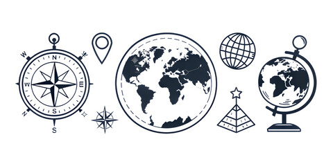 png Journey's Essence: A collection of intricately sketched compass, map, globe, and landmark illustrations, perfectly encapsulating the spirit of exploration.