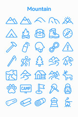 A collection of mountain-themed outline icons, including mountains, camping gear, and outdoor activities, presented in a grid format.