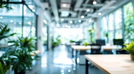 Blurred view of a bright modern office space, filled with natural light and greenery, enhancing productivity and well-being.