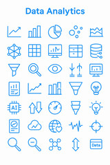 Collection of blue data analytics icons, representing various data concepts.