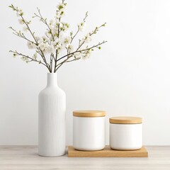 Illustration of white ceramic canisters with wooden lids sit on a wooden tray next to a white vase with white blossoms