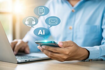Person using smartphone with ai and communication icons