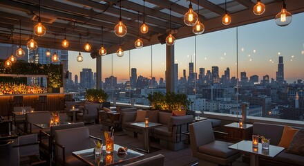 Fototapeta premium Rooftop bar city lights chicago skyline cocktails evening view urban lounge restaurant atmosphere lights