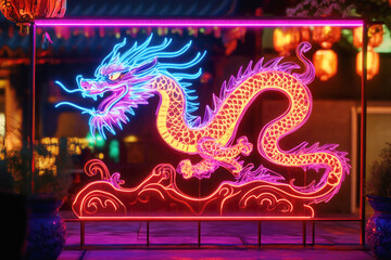 Obraz premium Vibrant neon dragon sculpture illuminating a mystical asian night scene with lanterns isolated on white background