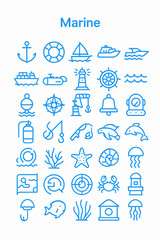 A collection of blue outlined marine icons, representing nautical concepts and sea life.