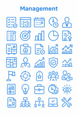 Obraz premium Collection of blue line icons representing management concepts, including planning, scheduling, teamwork, and data analysis.