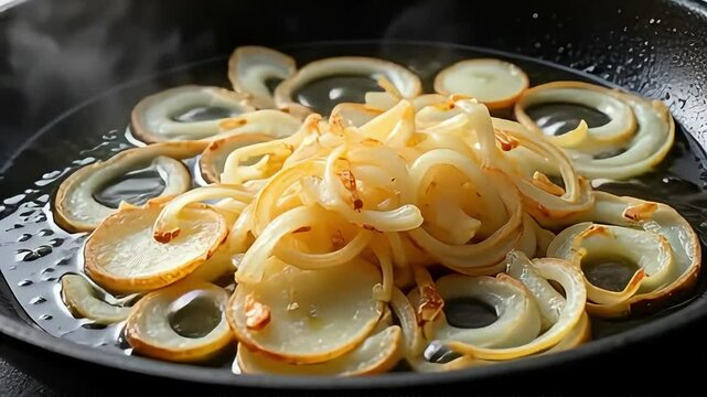 Delicious caramelized onions sizzling in a hot skillet offer a savory culinary delight and flavor enhancement.