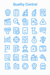 A comprehensive set of blue line icons representing quality control processes and standards.