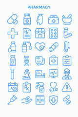 A collection of blue outlined icons representing pharmacy and medical elements.