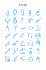 Fototapeta premium A collection of beauty and skincare icons arranged in rows and columns, depicted in a light blue outline style.