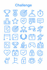 Obraz premium Collection of simple, outlined, light-blue icons representing various challenges and achievements.