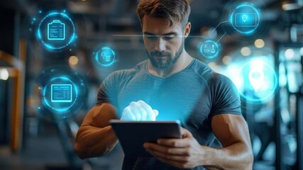 Fitness enthusiast using tablet in modern gym setting with digital interfaces displaying workout metrics and health data - Powered by Adobe