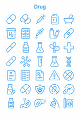 Collection of various medical and pharmaceutical icons, illustrated in blue.