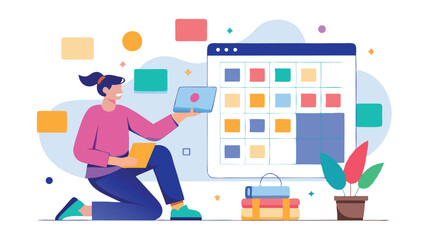 Woman planning with laptop and calendar on background with books and plant in pot illustration