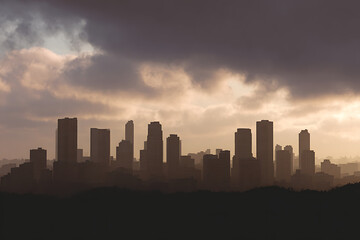 Dark Silhouetted City Skyline at Sunset Under a Dramatic Cloudy Sky Brown and Gray Tones Urban Landscape