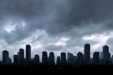 Obraz premium Dark Silhouetted City Skyline Under a Dramatic Cloudy Sky Grey and Black Urban Landscape skyscrapers