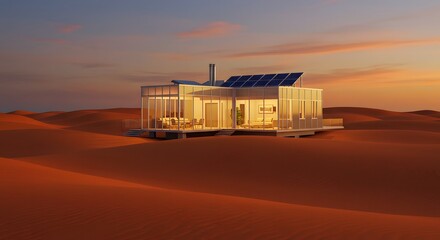 Obraz premium Modern house desert home solar panels architecture design building sand dunes landscape scenic view