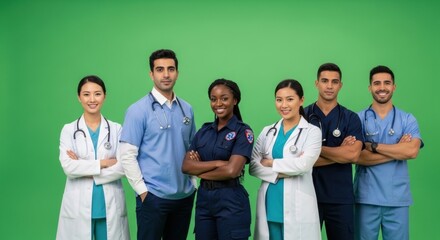 Group of diverse medical professionals, including men and women, standing with arms crossed on green screen background. Healthcare team and medical concept.