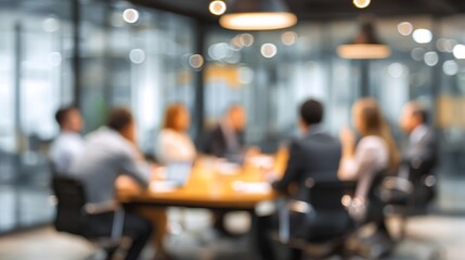 Fototapeta premium Blurry business meeting with diverse professionals gathered around a conference table in a modern office setting atmosphere.