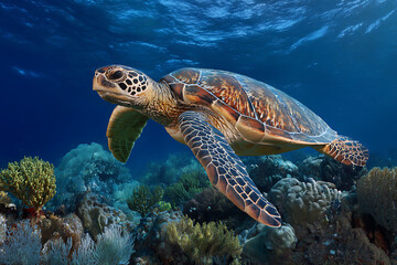 Fototapeta premium Green Sea Turtle Gracefully Swimming Underwater Amidst Vibrant Coral Reef Deep Blue Ocean Water image