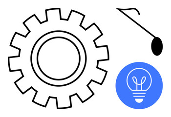 Gear for mechanics, lightbulb signifying ideas, and microphone for communication. Ideal for innovation, technology, creativity, brainstorming, engineering, presentations simple landing page