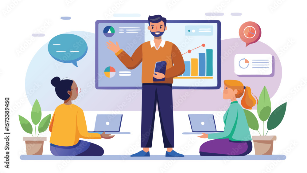Poster man presenting data on screen to seated students with laptops in a modern office setting design
