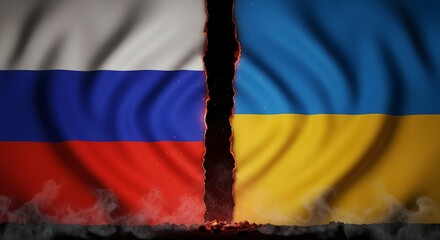 Russia and Ukraine full waving flags separated by a thin burned black edge with smoke and faint glowing red beneath symbolizing scorched division
