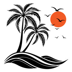 Tropical Palm Trees with Sunset and Birds – Detailed Beach Vector Illustration.