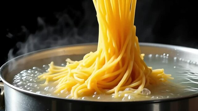 Cooking pasta in boiling water creates steam, showcasing spaghetti preparation for a delicious meal.